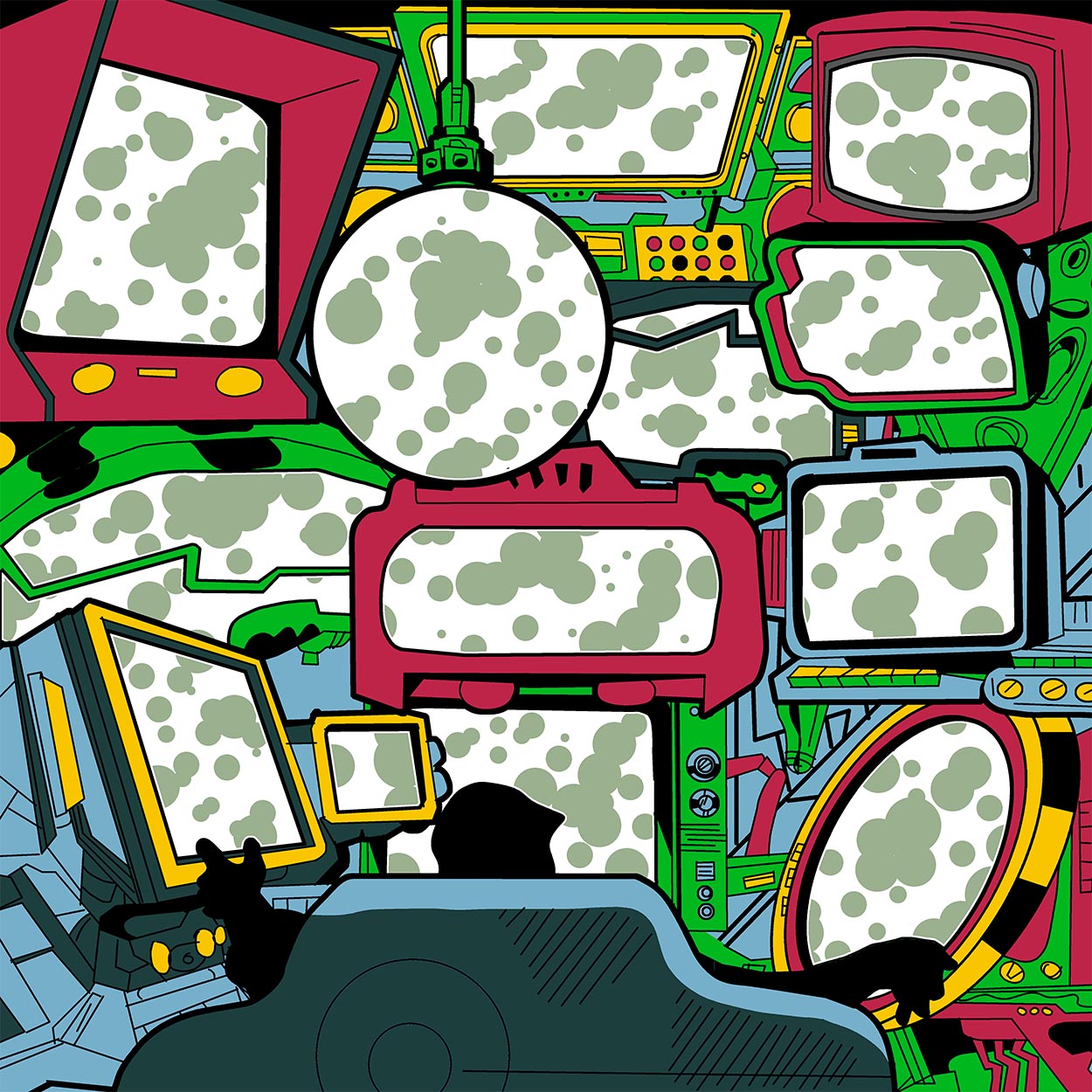 a sinister figure in silhouette sits in front of a bank of screens
